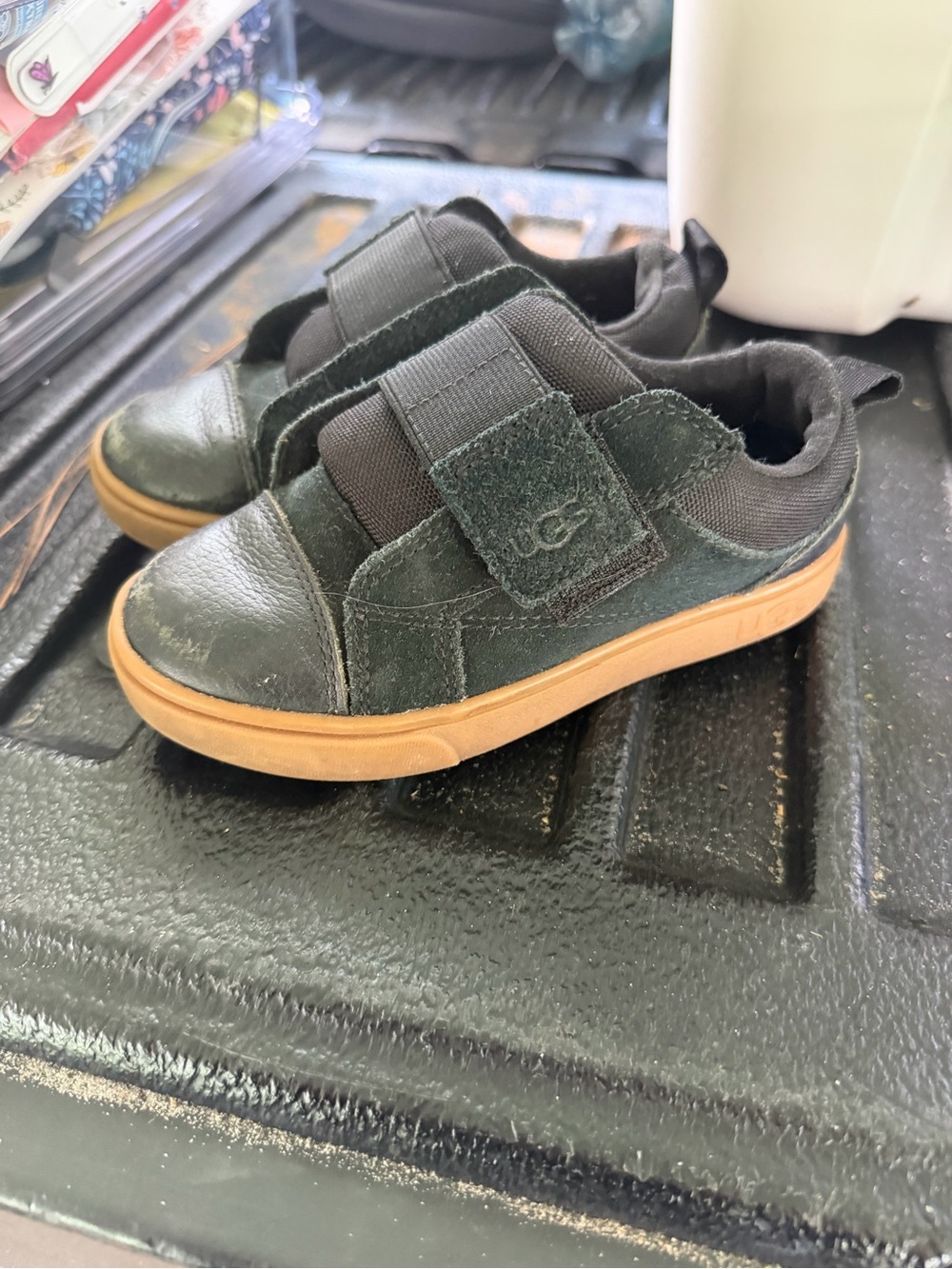 UGG Kids Black Suede Velcro Sneakers with Brown Sole - Picture 3 of 4